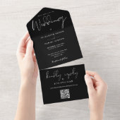 Elegante zwart-wit QR-code monogram bruiloft All In One Uitnodiging (Afscheurbaar)