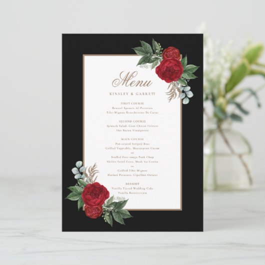 Elegante Zwart & Wit Rood Bloemen Gouden Kalligraf Menu (Staand voorkant)