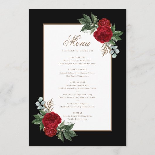 Elegante Zwart & Wit Rood Bloemen Gouden Kalligraf Menu (Voorkant)