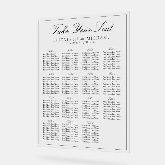 Elegante zwart-wit script bruiloft zitplaatsen acryl bord (Hoek)