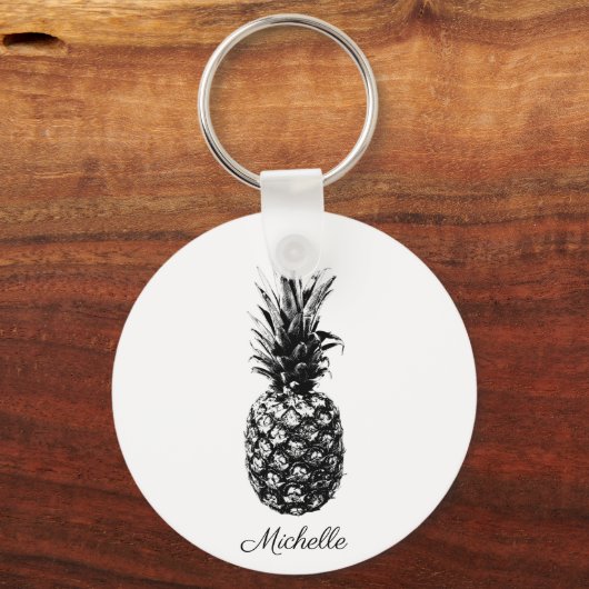 Elegante zwart-wit Tropische Ananas Custom Sleutelhanger (Achterkant)
