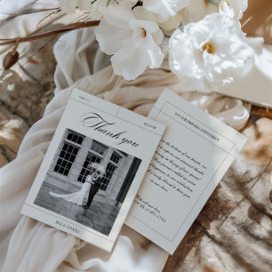 Elegante Zwart & Wit Trouwfoto Dank Bedankkaart