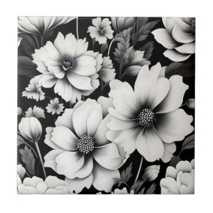 Elegante zwart-wit Waterverf Floral Tegeltje