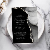 Elegante zwart-wit Waterverf marmeren bruiloft Kaart