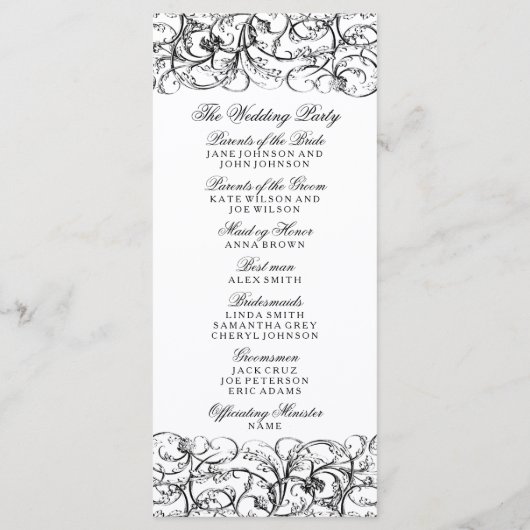 Elegante zwart-wit wervelingen bruiloft programma (Achterkant)