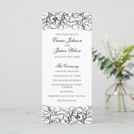 Elegante zwart-wit wervelingen bruiloft programma (Staand voorkant)