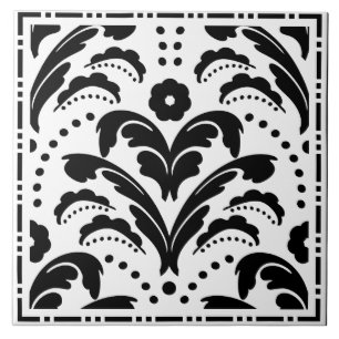 Elegante zwart-witte bloemen Art Deco Damask Tegeltje