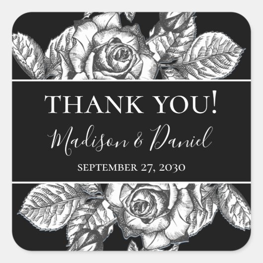 Elegante Zwart Witte Bloemen Bruiloft Dankjewel Vierkante Sticker (Voorkant)