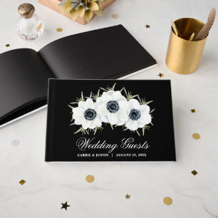 Elegante zwart-witte bloemen bruiloft gastenboek