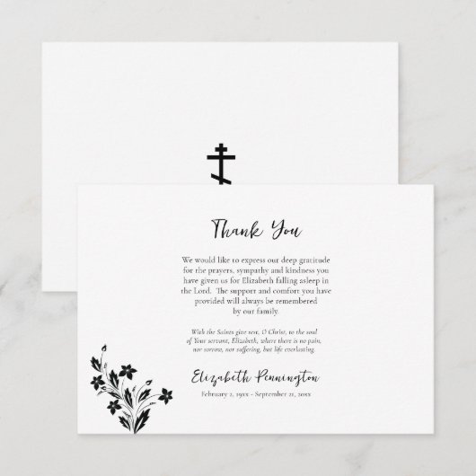 Elegante zwart-witte bloemen orthodoxe begrafenis bedankkaart (Voorkant / Achterkant)