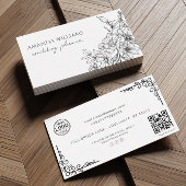Elegante zwart-witte bloemen QR-code Visitekaartje