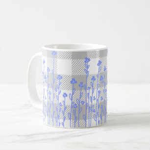 Elegante zwart witte doodle bloemenblauw gingham koffiemok