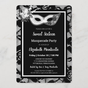 Elegante zwart/witte kant Sweet 16 Masquerade Part Kaart
