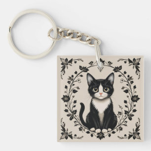 Elegante Zwart-Witte Kat Sleutelhanger