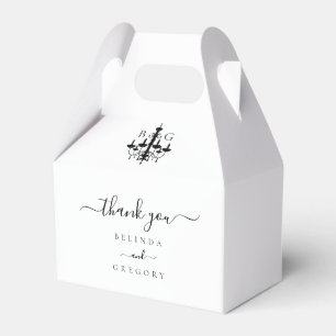 Elegante zwart witte kroonluchter monogram bruilof bedankdoosjes