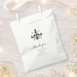 Elegante zwart witte kroonluchter monogram bruilof bedankzakje