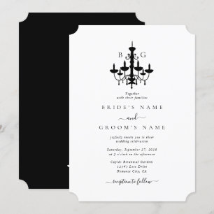 Elegante zwart witte kroonluchter monogram bruilof kaart