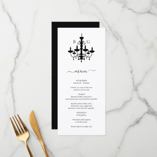 Elegante zwart witte kroonluchter monogram bruilof menu (Voorkant / Achterkant in situ)