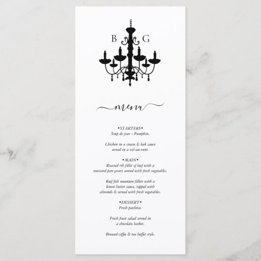 Elegante zwart witte kroonluchter monogram bruilof menu (Voorkant)