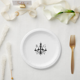 Elegante zwart witte kroonluchter monogram bruilof papieren bordje