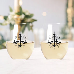 Elegante zwart witte kroonluchter monogram bruilof wijnglas zonder voet