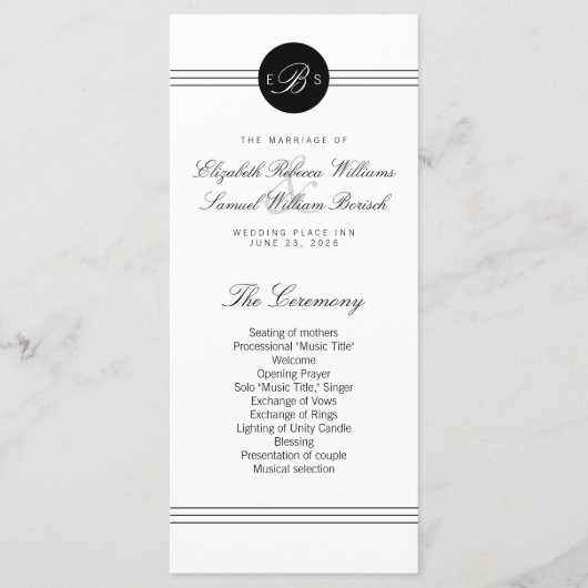 Elegante Zwart Witte Monogram Programma Kaartenrek (Voorkant)