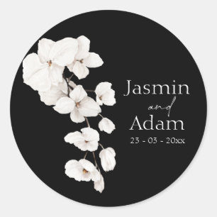 Elegante zwart-witte orchidee bruiloft ronde sticker
