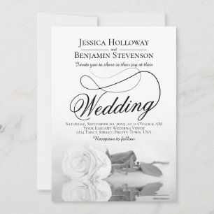 Elegante Zwart & Witte Roos Fancy QR Code Trouwen Kaart