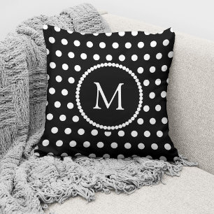 Elegante Zwart Witte Stippen Monogram Kussen