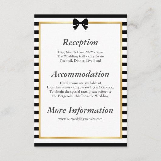 Elegante zwart witte streep gouden Lijst bruiloft Informatiekaartje (Voorkant)