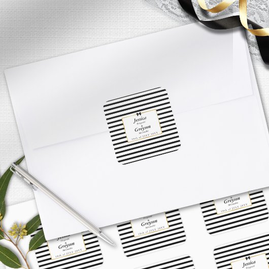 Elegante zwart witte streep gouden Lijst bruiloft Vierkante Sticker