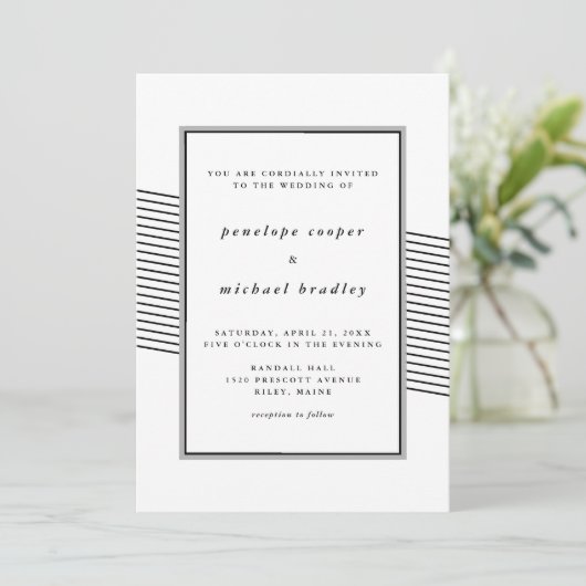 Elegante zwart-witte strepen bruiloft kaart (Staand voorkant)