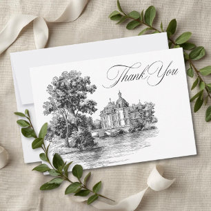 Elegante zwart-witte Toile Franse landhuis bruilof Bedankkaart