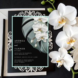 Elegante zwart-witte tropische orchideeën bruiloft kaart