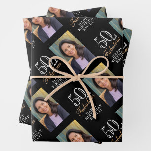 Elegante Zwarte 50 en Fantastische 50e Verjaardags Inpakpapier Vel