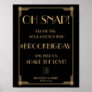 Elegante zwarte Art Deco Gatsby Hashtag bord Poster