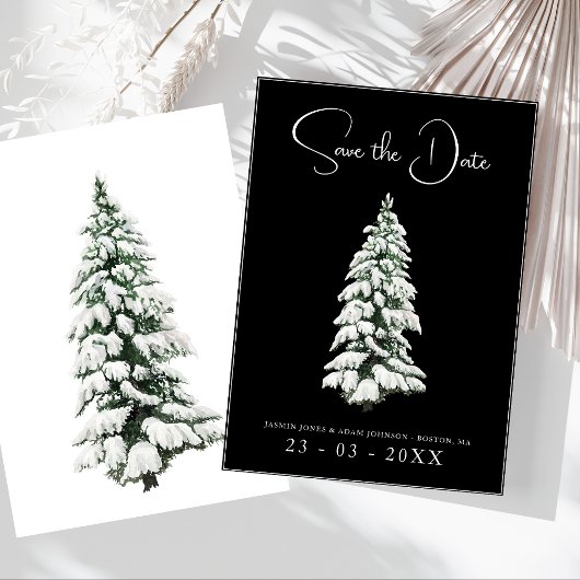 Elegante Zwarte Besneeuwde Dennen Huwelijk Save The Date