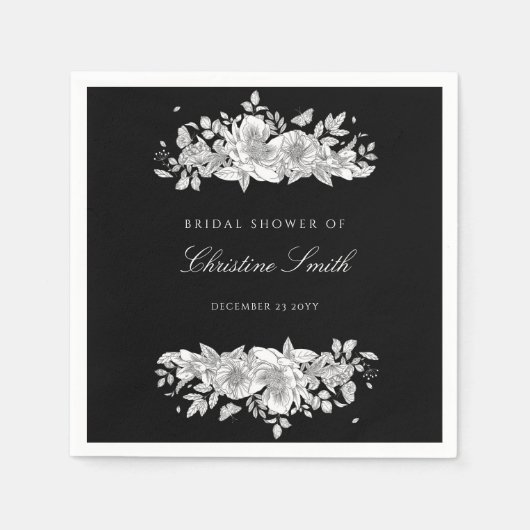 Elegante zwarte bloem bruiloft shower servetten (Voorkant)