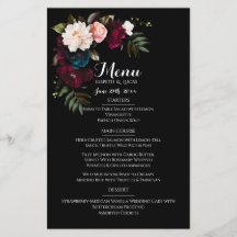 Elegante Zwarte Bloemen Trouwmenu Sjabloon