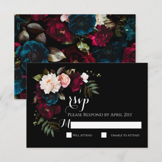 Elegante Zwarte Bloemen Wedding RSVP Response Kaar Kaartje (Voorkant / Achterkant)