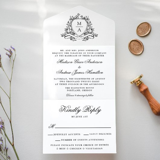 Elegante Zwarte Bloemenkam Monogram Huwelijk All In One Uitnodiging