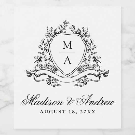 Elegante Zwarte Bloemenkam Monogram Huwelijk Wijn Etiket (Enkel label)