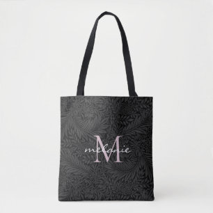 Elegante Zwarte Bloemige Blush Roze Script Monogra Draagtas