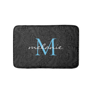 Elegante Zwarte Bloemrijke Hemelblauwe Script Mono Badmat