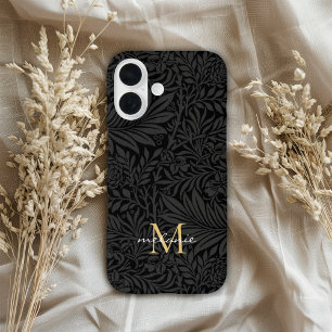 Elegante Zwarte Bloemrijke Script Monogram iPhone 16 Hoesje
