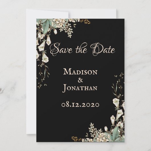Elegante Zwarte Bloemrijke Scriptie Bruiloft Save The Date (Voorkant)