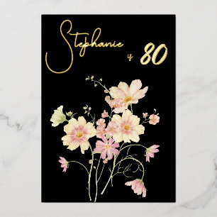 Elegante Zwarte Blush Bloem 80ste Verjaardag Roze  Folie Uitnodiging