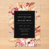 Elegante zwarte Boho Chic Bloemen Huwelijk Acryl Uitnodigingen (Voorkant)