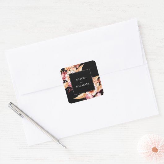 Elegante zwarte Boho Chic Bloemen Huwelijk Vierkante Sticker (Envelop)