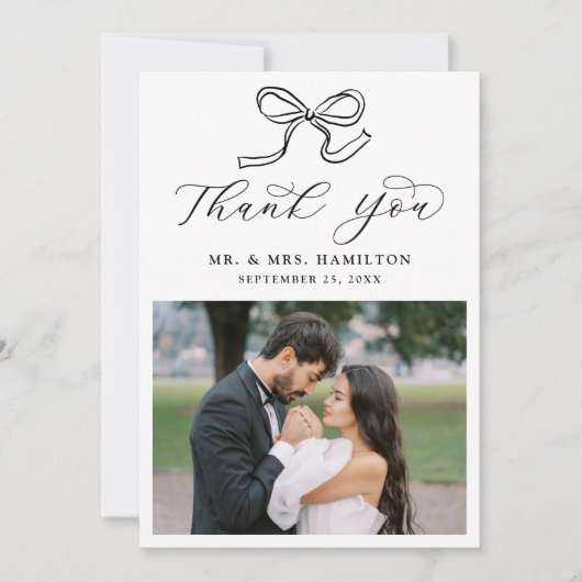 Elegante zwarte boog foto bruiloft bedankkaart (Voorkant)